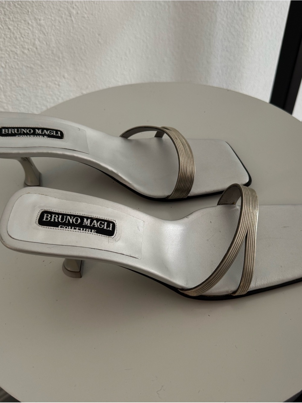 Bruno Magli Metallic Silver-Tone Strappy Square-Toe Slides - Picture 2 of 4
